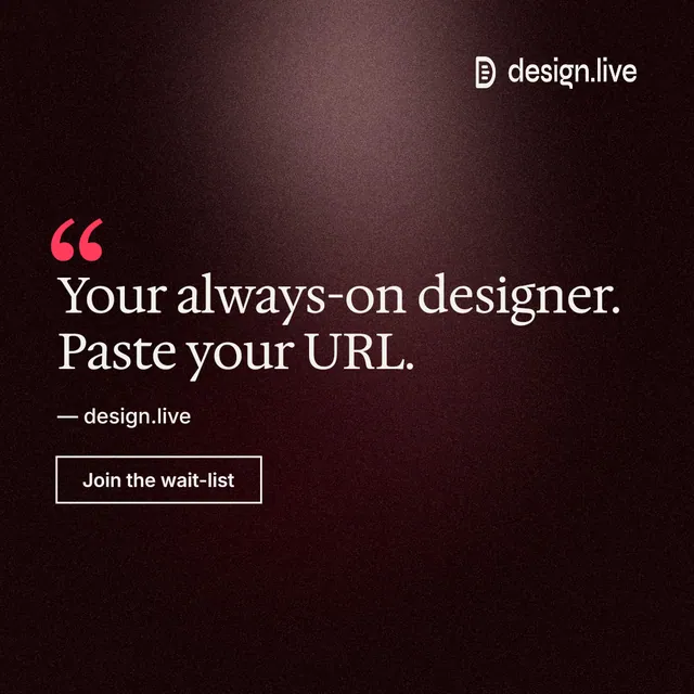 Instagram post for design.live: "Your always-on designer. Paste your URL." Dark deco style, quote layout, dark palette in black, red.