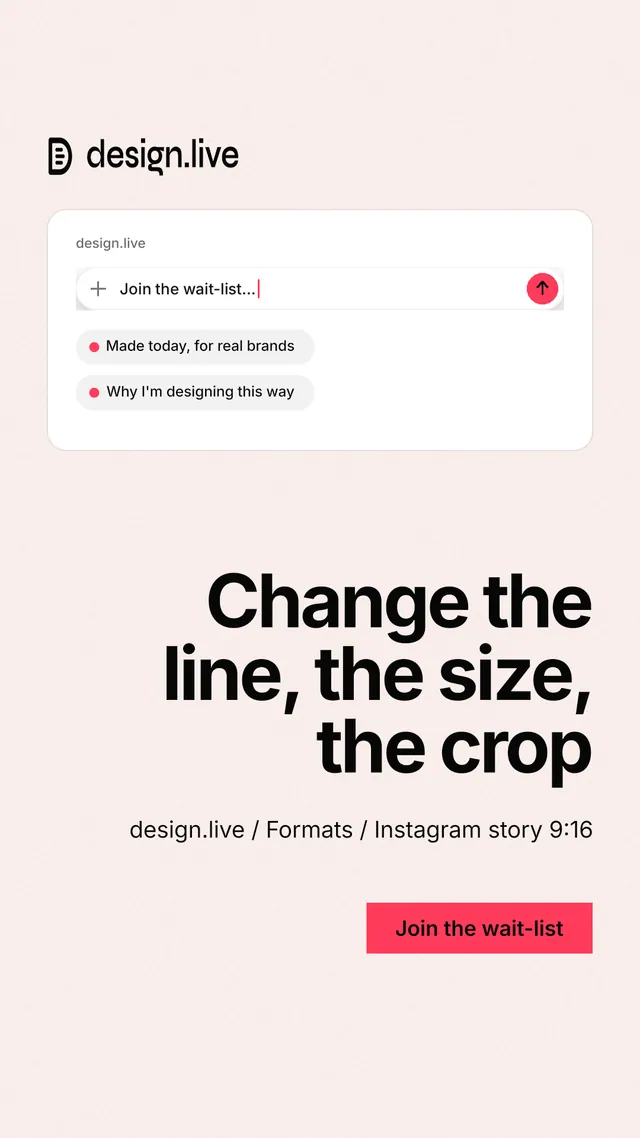 Instagram story for design.live: "Change the line, the size, the crop". Swiss style, right layout, light palette in white, red.