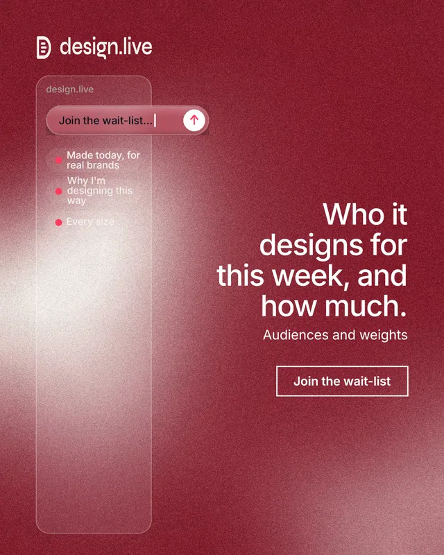 Instagram portrait post for design.live: "Who it designs for this week, and how much." Cyanotype style, right layout, dark palette in red.