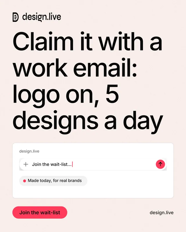 Instagram portrait post for design.live: "Claim it with a work email: logo on, 5 designs a day". Data card style, poster layout, light palette in white, grey, orange.