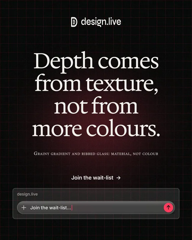 Instagram portrait post for design.live: "Depth comes from texture, not from more colours." Phosphor atlas style, smallcaps layout, dark palette in black, grey.