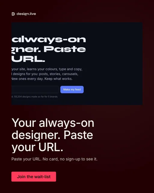 Video for design.live: "Your always-on designer. Paste your URL.". Doc motion loop, 7.0 s, dark palette.