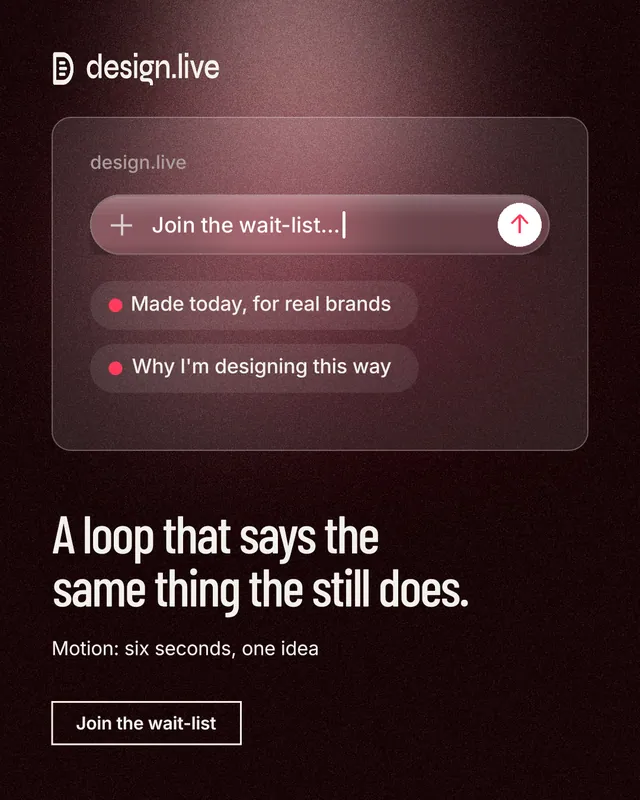 Instagram portrait post for design.live: "A loop that says the same thing the still does." Dark deco style, bottom layout, dark palette in black, red, grey.