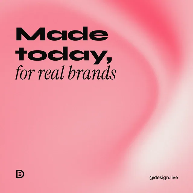 Instagram post for design.live: "Made today, for real brands". Auto 1x1 style, technique:shader field layout, light palette in red.