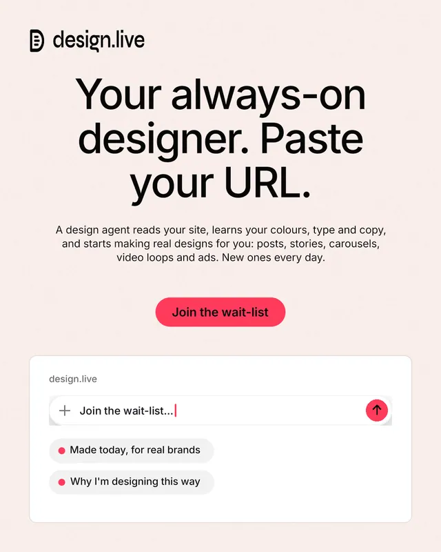 Instagram portrait post for design.live: "Your always-on designer. Paste your URL." Data card style, centred layout, light palette in white, grey.
