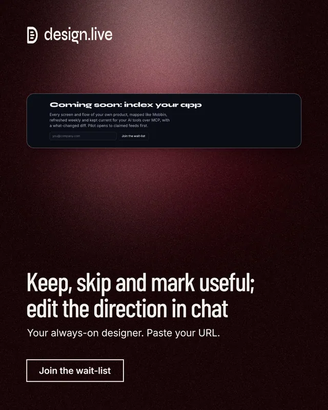 Instagram portrait post for design.live: "Keep, skip and mark useful; edit the direction in chat". Dark deco style, bottom layout, dark palette in black, grey.