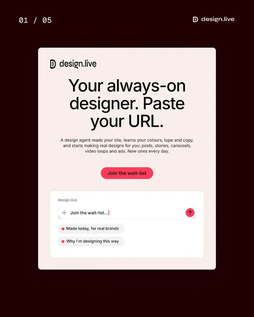 Video for design.live. Ad flipbook, 7.5 s, light palette.