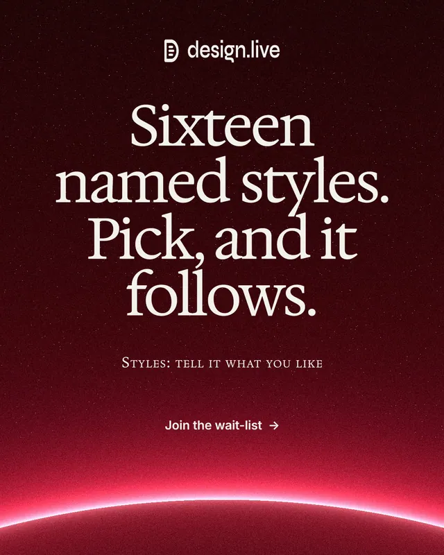 Instagram portrait post for design.live: "Sixteen named styles. Pick, and it follows." Swiss style, smallcaps layout, dark palette in black, red.