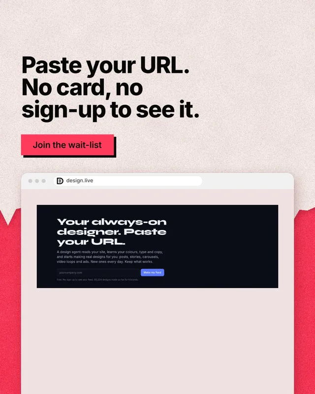 Instagram portrait post for design.live: "Paste your URL. No card, no sign-up to see it." Paper trio style, browser layout, light palette in orange, red, grey.