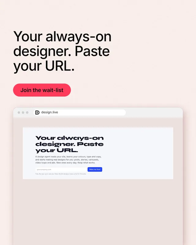 Instagram portrait post for design.live: "Your always-on designer. Paste your URL." Data card style, browser layout, light palette in red, white.