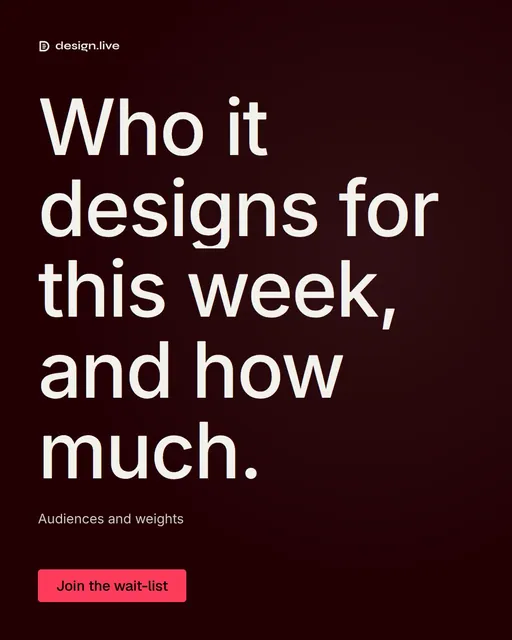 Video for design.live: "Who it designs for this week, and how much.". Doc motion loop, 8.0 s, dark palette.