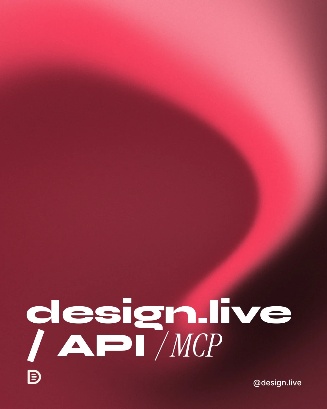 Instagram portrait post for design.live: "design.live / API / MCP". Auto 4x5 style, technique:shader field layout, dark palette in red.