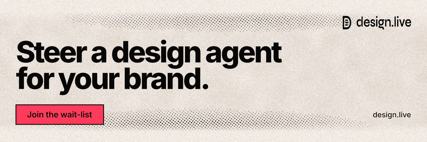 X header for design.live: "Steer a design agent for your brand." Ink sticker style, poster layout, light palette in orange, grey.
