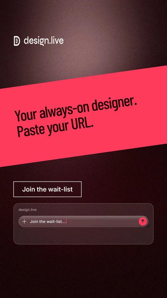Instagram story for design.live: "Your always-on designer. Paste your URL." Dark deco style, diagonal layout, dark palette in black, red.