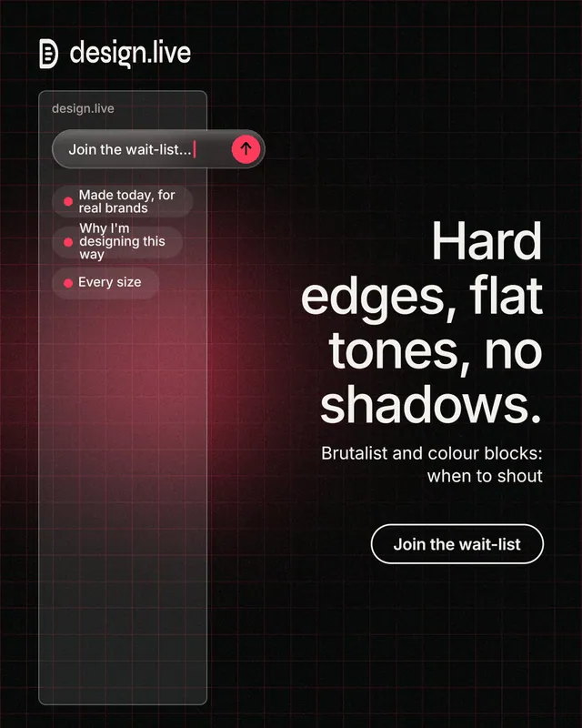 Instagram portrait post for design.live: "Hard edges, flat tones, no shadows." Phosphor atlas style, right layout, dark palette in red, black, grey.