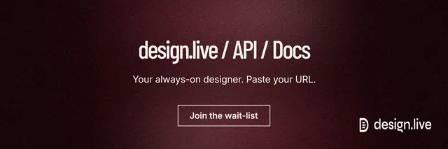 X header for design.live: "design.live / API / Docs". Dark deco style, centred layout, dark palette in black, red, grey.