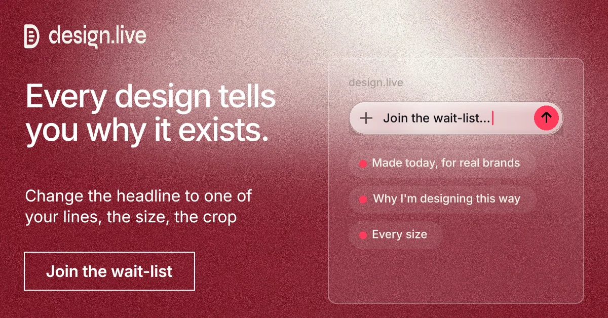Social ad for design.live: "Every design tells you why it exists." Cyanotype style, bottom layout, light palette in red.