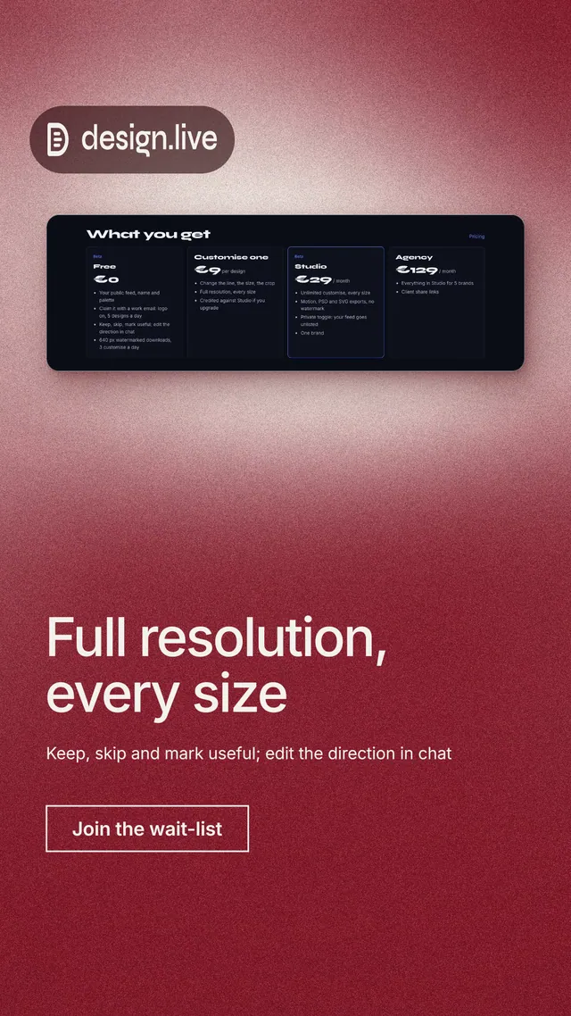 Instagram story for design.live: "Full resolution, every size". Cyanotype style, bottom layout, dark palette in red.
