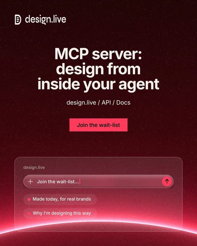 Instagram portrait post for design.live: "MCP server: design from inside your agent". Swiss style, centred layout, dark palette in black, red.