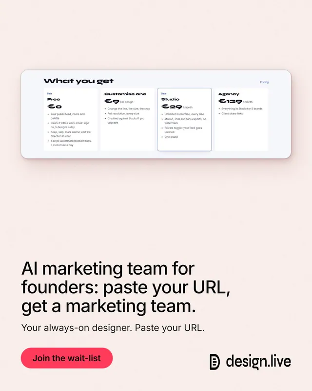 Instagram portrait post for design.live: "AI marketing team for founders: paste your URL, get a marketing team." Data card style, bottom layout, light palette in white, red.
