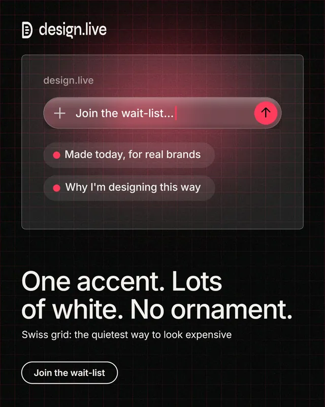 Instagram portrait post for design.live: "One accent. Lots of white. No ornament." Phosphor atlas style, bottom layout, dark palette in black, grey.