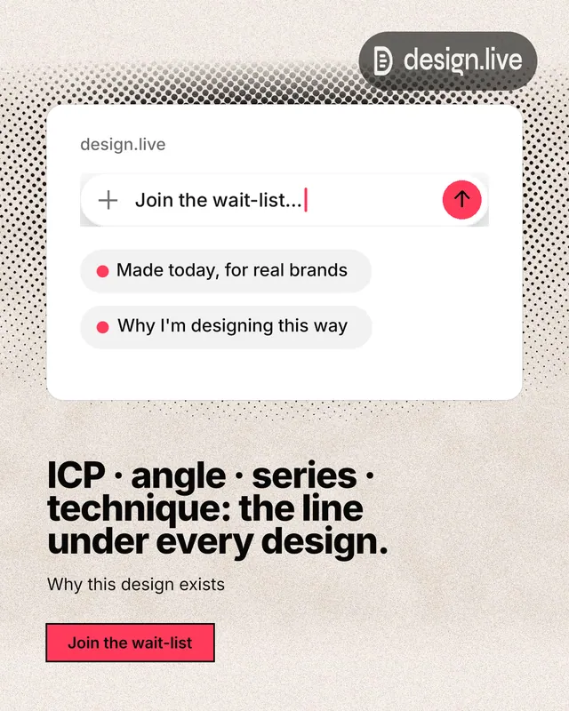 Instagram portrait post for design.live: "ICP · angle · series · technique: the line under every design." Ink sticker style, bottom layout, light palette in orange, white, grey.