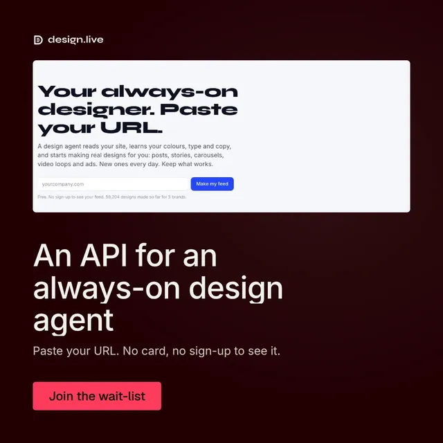 Video for design.live: "An API for an always-on design agent". Doc motion loop, 8.0 s, dark palette.