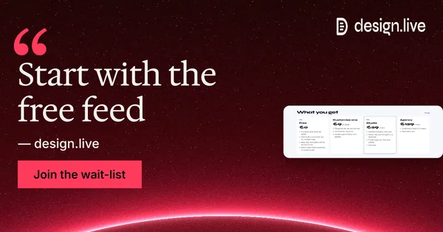 Social ad for design.live: "Start with the free feed". Swiss style, quote layout, dark palette in red, black.