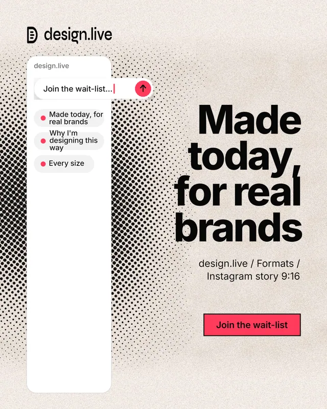 Instagram portrait post for design.live: "Made today, for real brands". Ink sticker style, right layout, light palette in orange, white, grey.