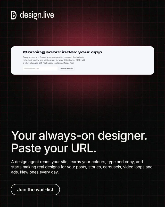 Instagram portrait post for design.live: "Your always-on designer. Paste your URL." Phosphor atlas style, bottom layout, dark palette in red, black, grey.