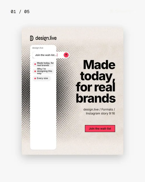 Video for design.live. Ad flipbook, 7.5 s, light palette.