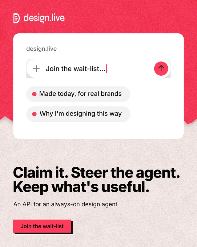 Instagram portrait post for design.live: "Claim it. Steer the agent. Keep what's useful." Paper trio style, bottom layout, light palette in red, white.