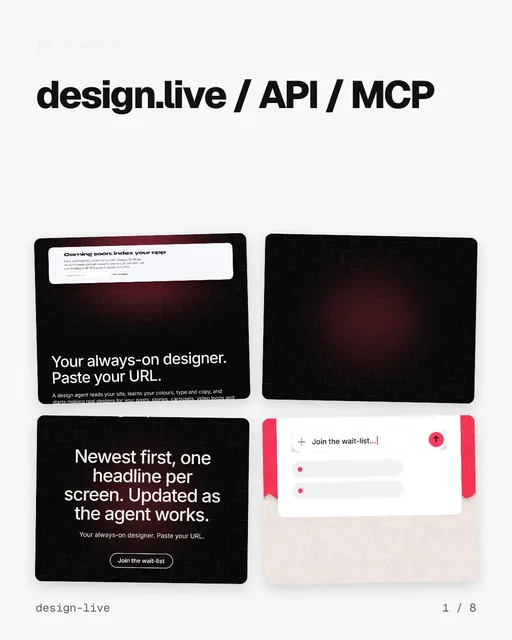 Carousel for design.live: "design.live / API / MCP". Collection carousel, 8 slides, light palette.