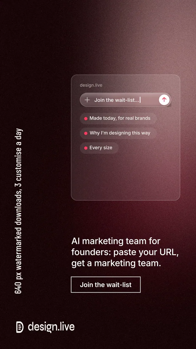 Instagram story for design.live: "640 px watermarked downloads, 3 customise a day". Dark deco style, vertical layout, dark palette in black, grey, red.