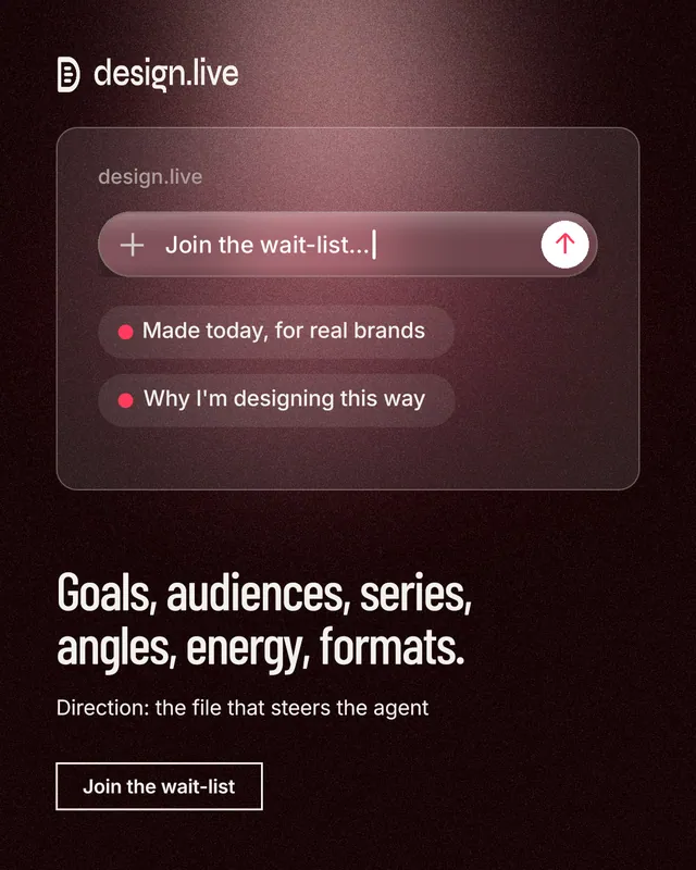 Instagram portrait post for design.live: "Goals, audiences, series, angles, energy, formats." Dark deco style, bottom layout, dark palette in black, red, grey.