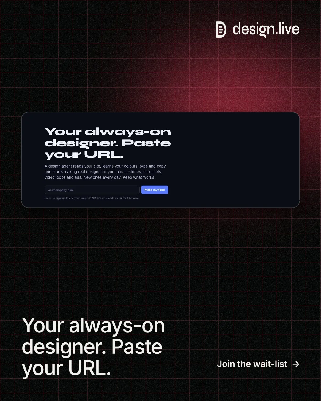 Instagram portrait post for design.live: "Your always-on designer. Paste your URL." Phosphor atlas style, image led layout, dark palette in black, grey.