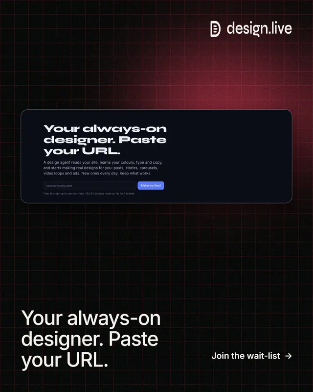Instagram portrait post for design.live: "Your always-on designer. Paste your URL." Phosphor atlas style, image led layout, dark palette in black, grey.