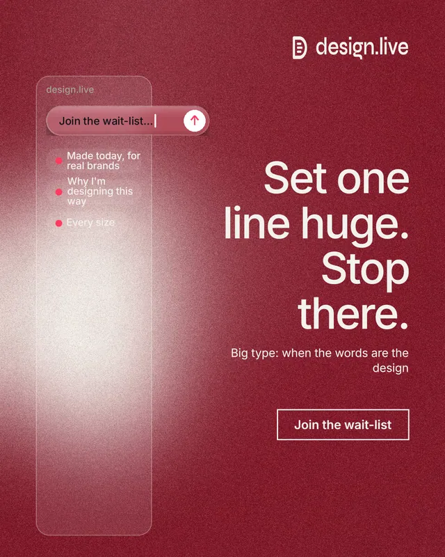 Instagram portrait post for design.live: "Set one line huge. Stop there." Cyanotype style, right layout, dark palette in red.