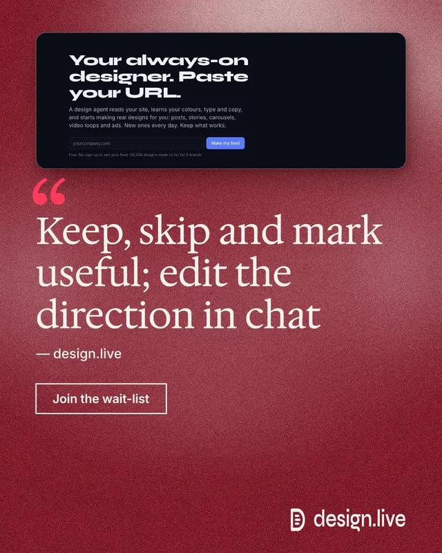 Instagram portrait post for design.live: "Keep, skip and mark useful; edit the direction in chat". Cyanotype style, quote layout, dark palette in red, black.
