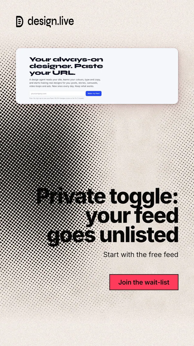 Instagram story for design.live: "Private toggle: your feed goes unlisted". Ink sticker style, right layout, light palette in orange, grey, white.