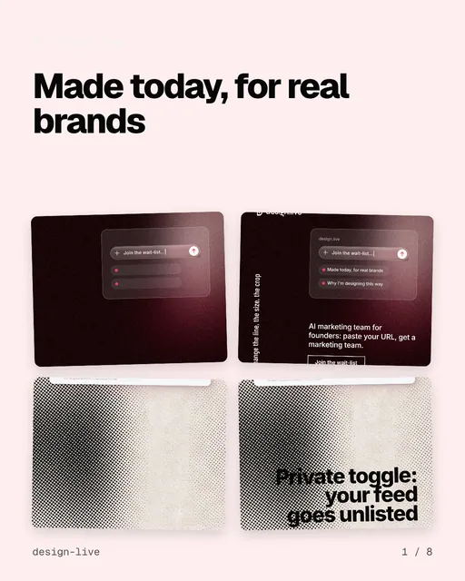 Carousel for design.live: "Made today, for real brands". Collection carousel, 8 slides, light palette.