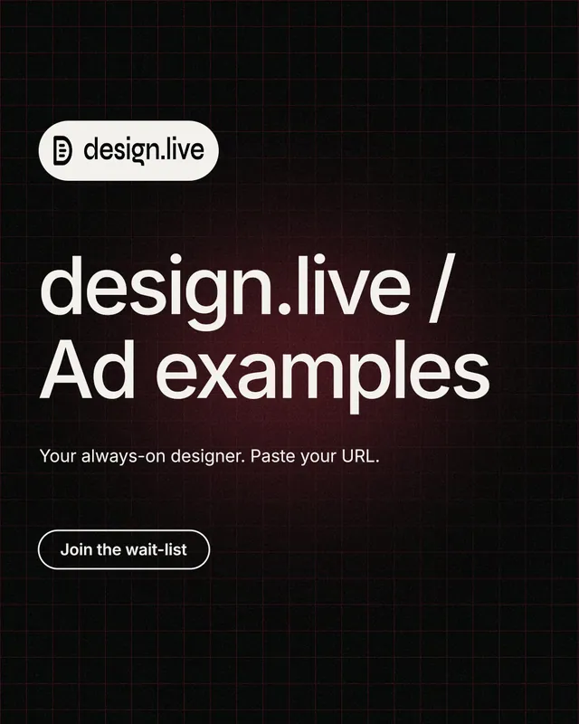 Instagram portrait post for design.live: "design.live / Ad examples". Phosphor atlas style, announce layout, dark palette in black, grey.