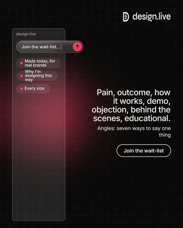 Instagram portrait post for design.live: "Pain, outcome, how it works, demo, objection, behind the scenes, educational." Phosphor atlas style, right layout, dark palette in black, red, grey.