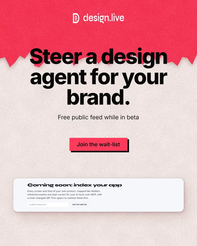 Instagram portrait post for design.live: "Steer a design agent for your brand." Paper trio style, centred layout, light palette in red, orange, white.