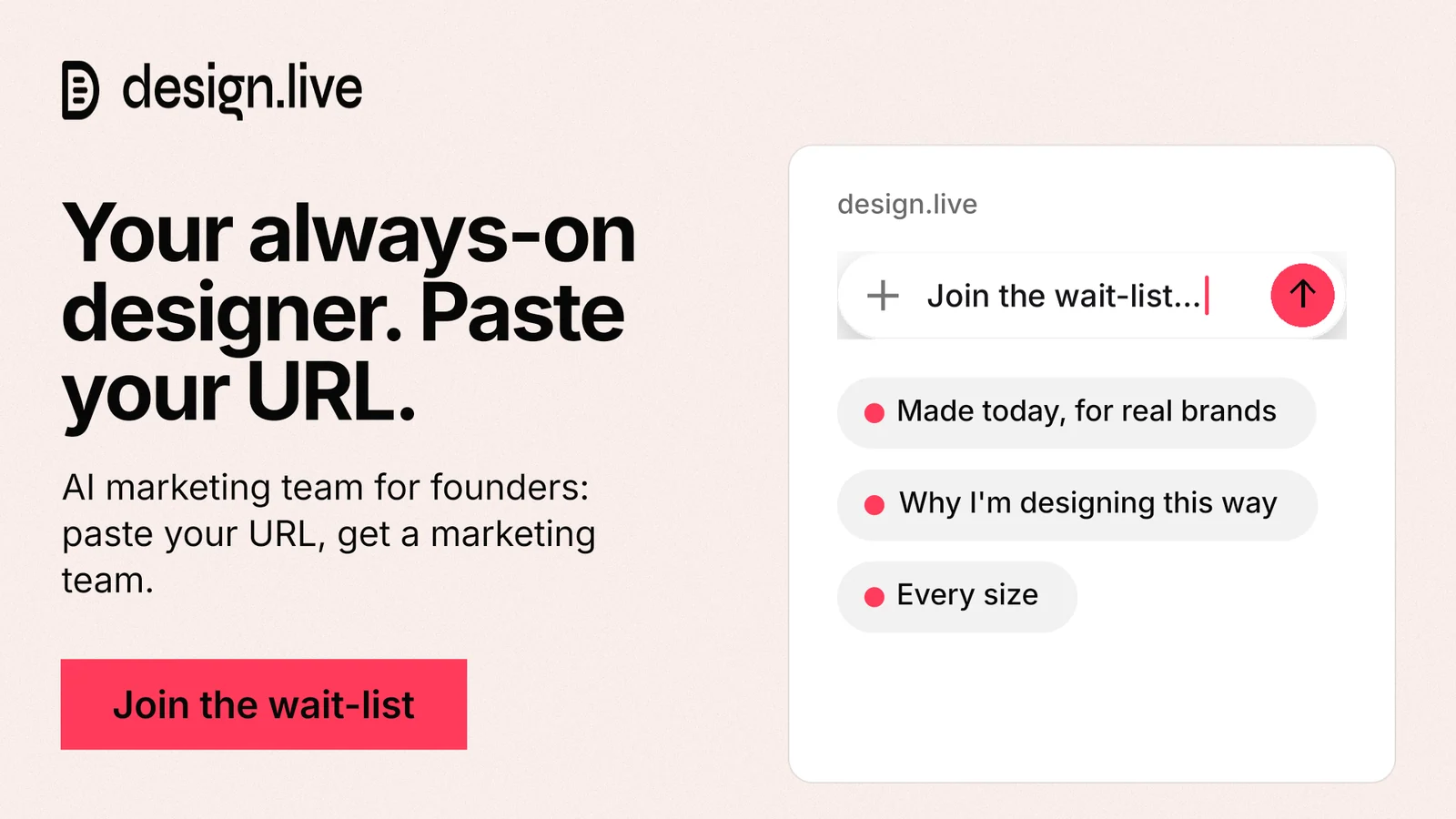 Landscape graphic for design.live: "Your always-on designer. Paste your URL." Swiss style, bottom layout, light palette in white, red.