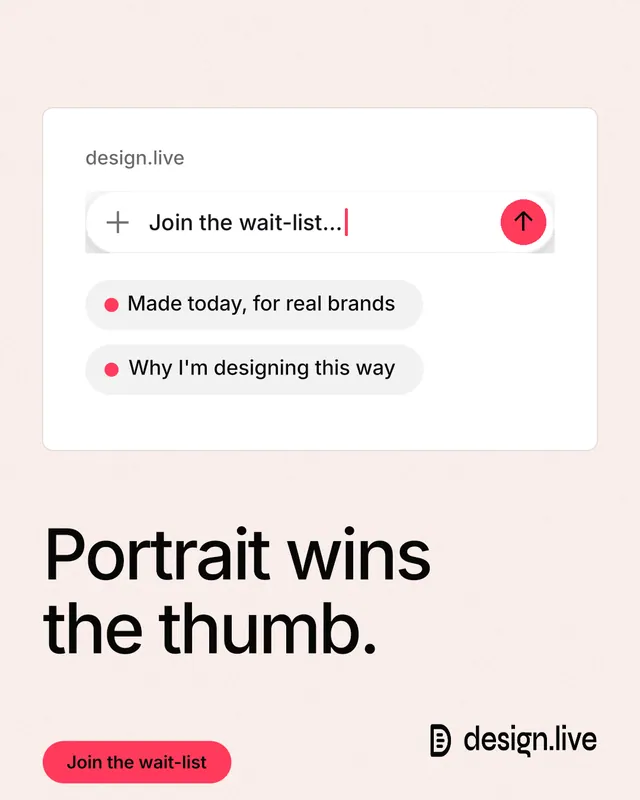 Instagram portrait post for design.live: "Portrait wins the thumb." Data card style, bottom layout, light palette in white, red.