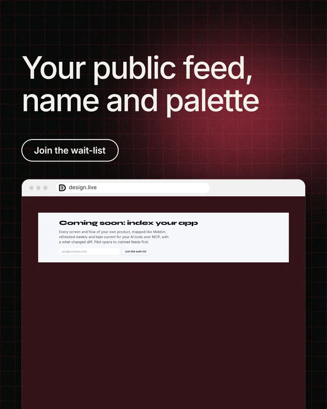 Instagram portrait post for design.live: "Your public feed, name and palette". Phosphor atlas style, browser layout, dark palette in red, black, white.