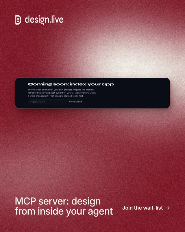 Instagram portrait post for design.live: "MCP server: design from inside your agent". Cyanotype style, image led layout, dark palette in red.