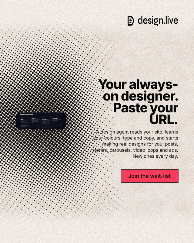 Instagram portrait post for design.live: "Your always-on designer. Paste your URL." Ink sticker style, right layout, light palette in orange, grey.
