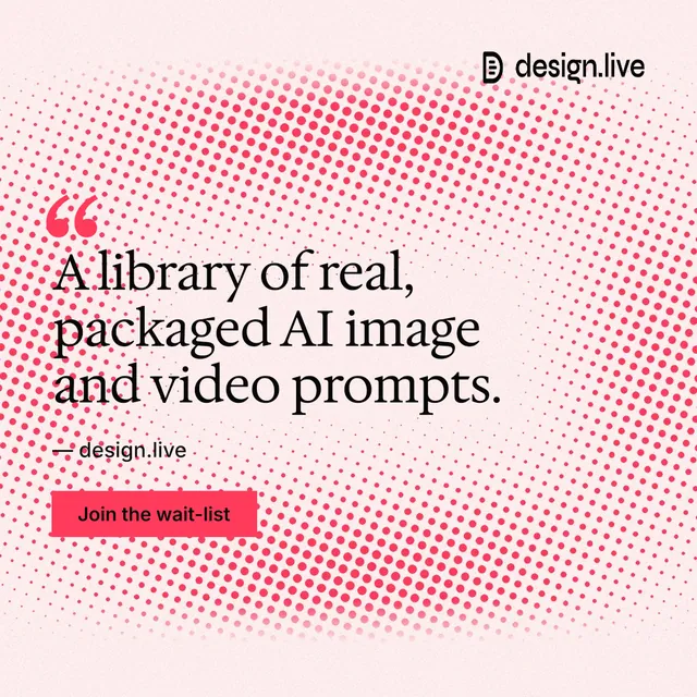 Instagram post for design.live: "A library of real, packaged AI image and video prompts." Swiss style, quote layout, light palette in red, white.